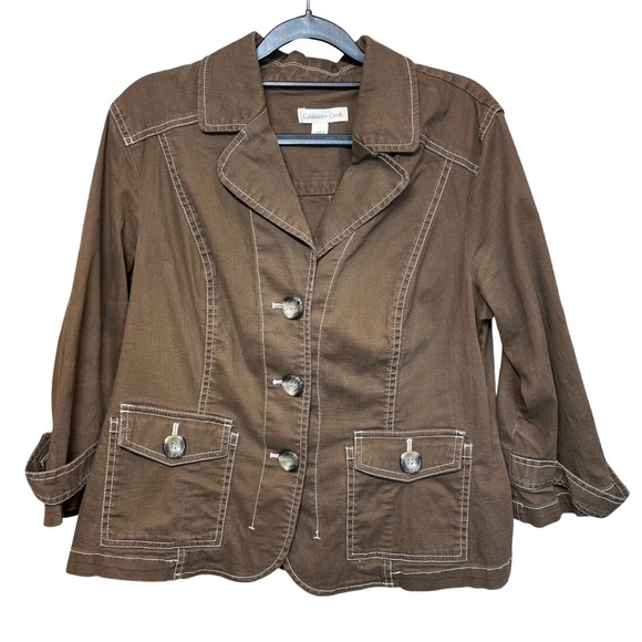 Coldwater Creek Jackets & Blazers - Coldwater Creek Brown Cropped 3/4 Sleeve Blazer Jacket Womens 16 White Stitching